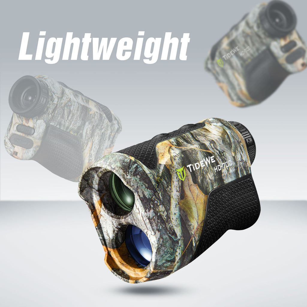 TideWe Rangefinder with LCD Display 700Y for Hunting and Golfing: Close-up of device with camera lens and binoculars.