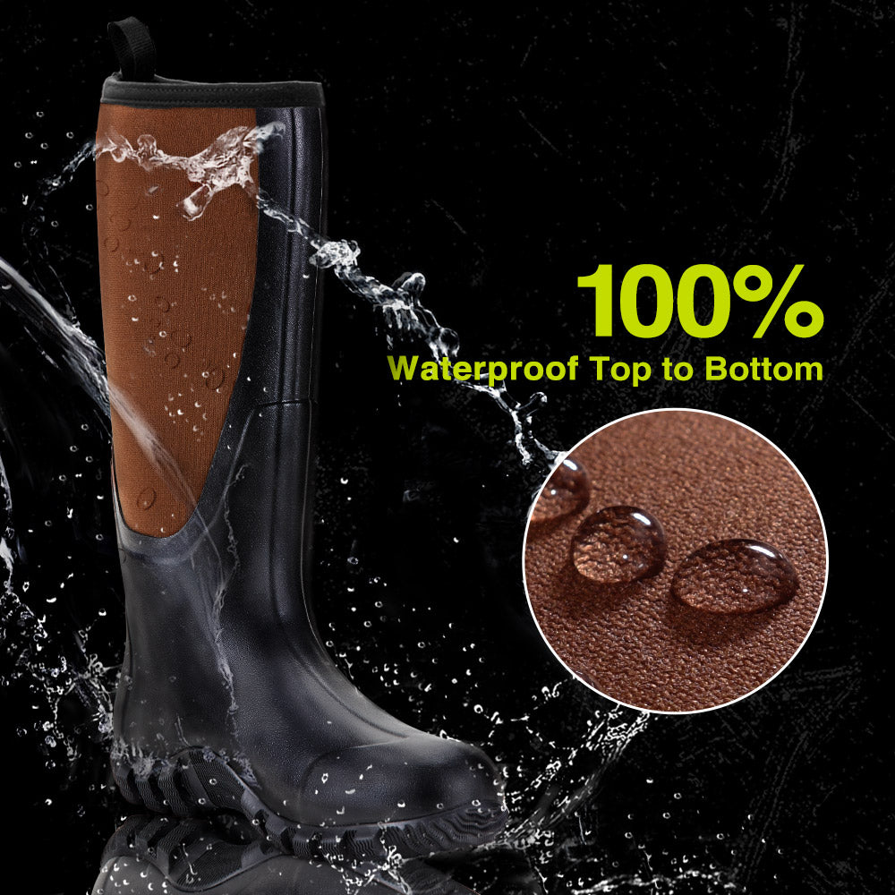 Waterproof rubber boot with steel shank for men, featuring neoprene uppers and non-slip soles for traction on varied terrain.
