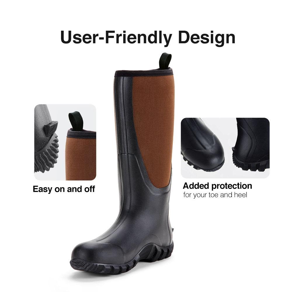 Close-up of waterproof TideWe rubber boots for men with steel shank neoprene, anti-slip soles, and durable design.