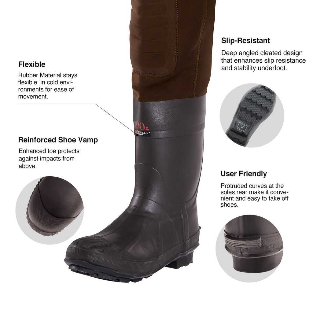 TideWe Neoprene Chest Waders for Men - Close-up of sturdy, waterproof boot for hunting and fishing. Built-in rubber boot with reinforced vamp for puncture protection and better traction.