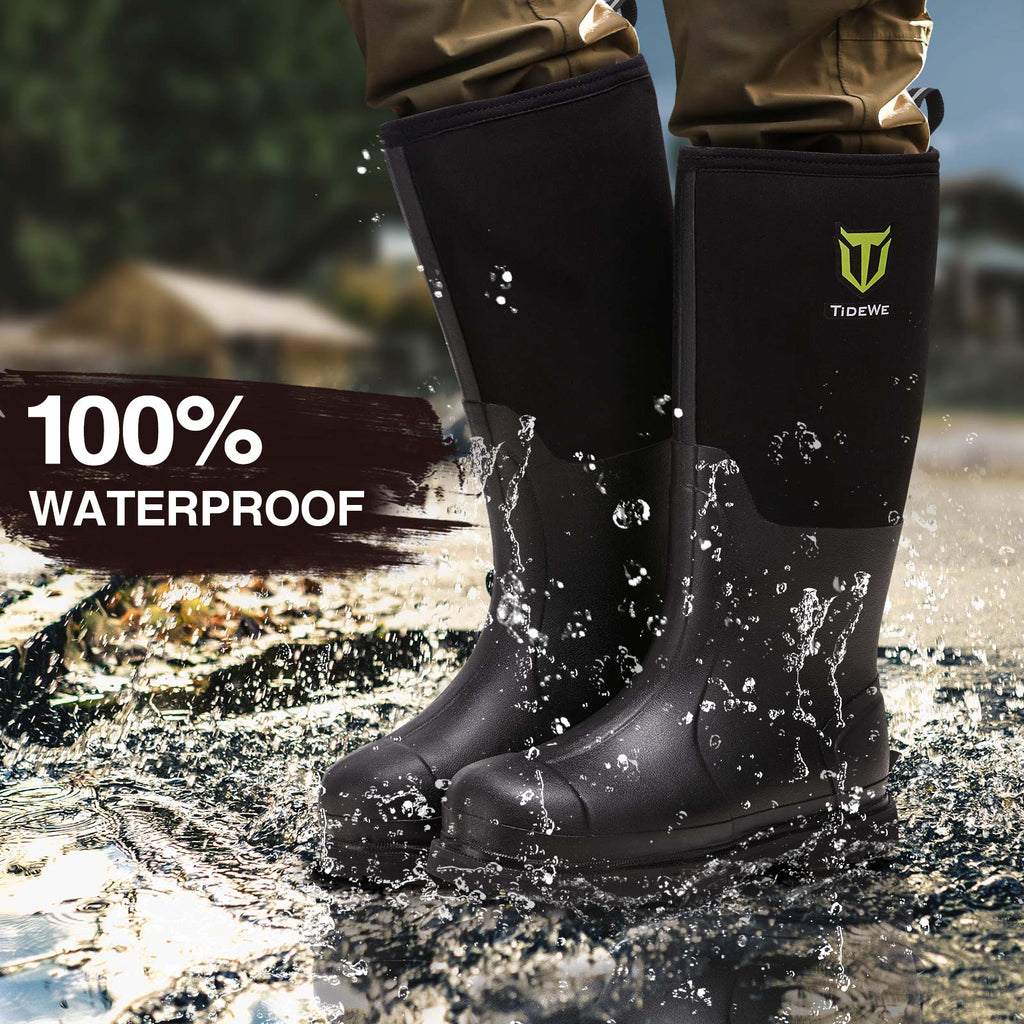 Person wearing TIDEWE Rubber Work Boots in puddle, close-up of logo, steel shank for arch support.