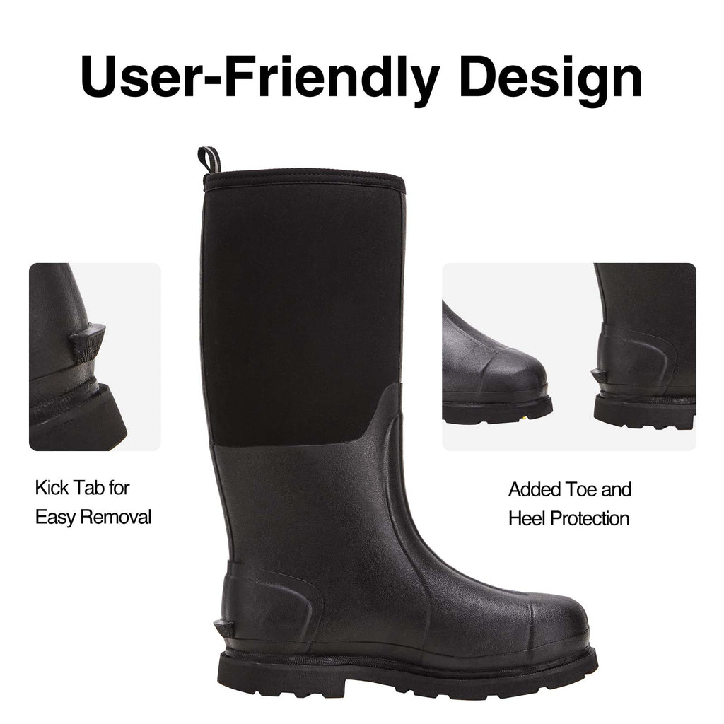 Men's rubber work boot with steel shank, waterproof and warm neoprene, ideal for hunting and work environments.